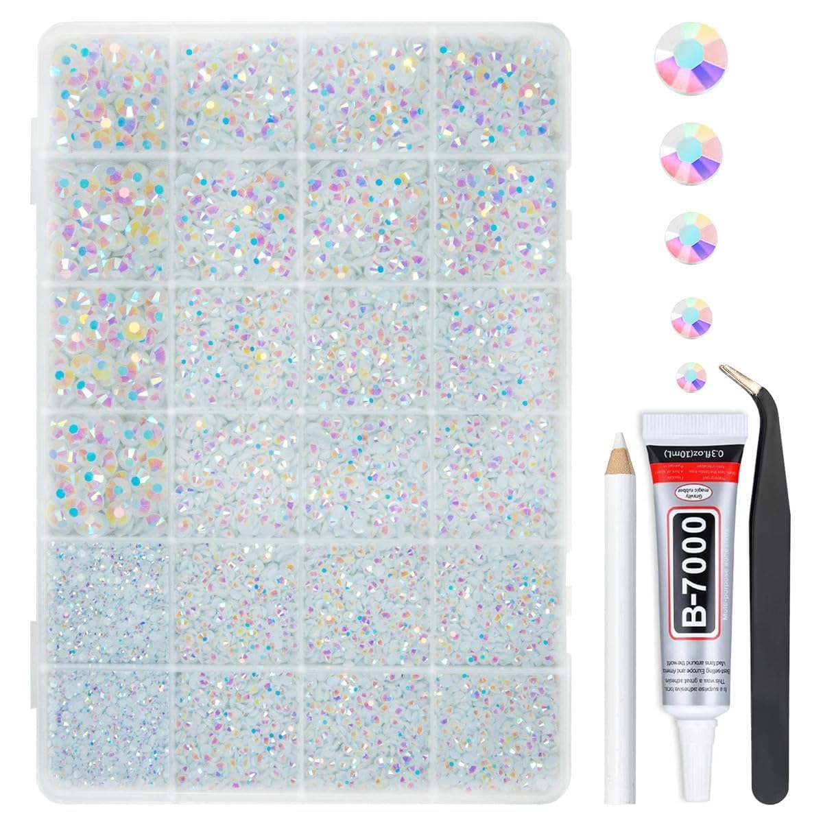 qiipii front package view showing mixed white AB rhinestones and included glue benefit organization