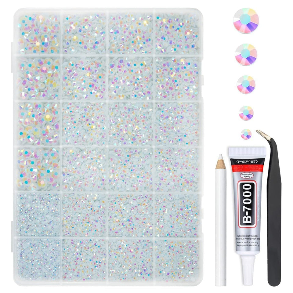 qiipii front package view showing mixed white AB rhinestones and included glue benefit organization