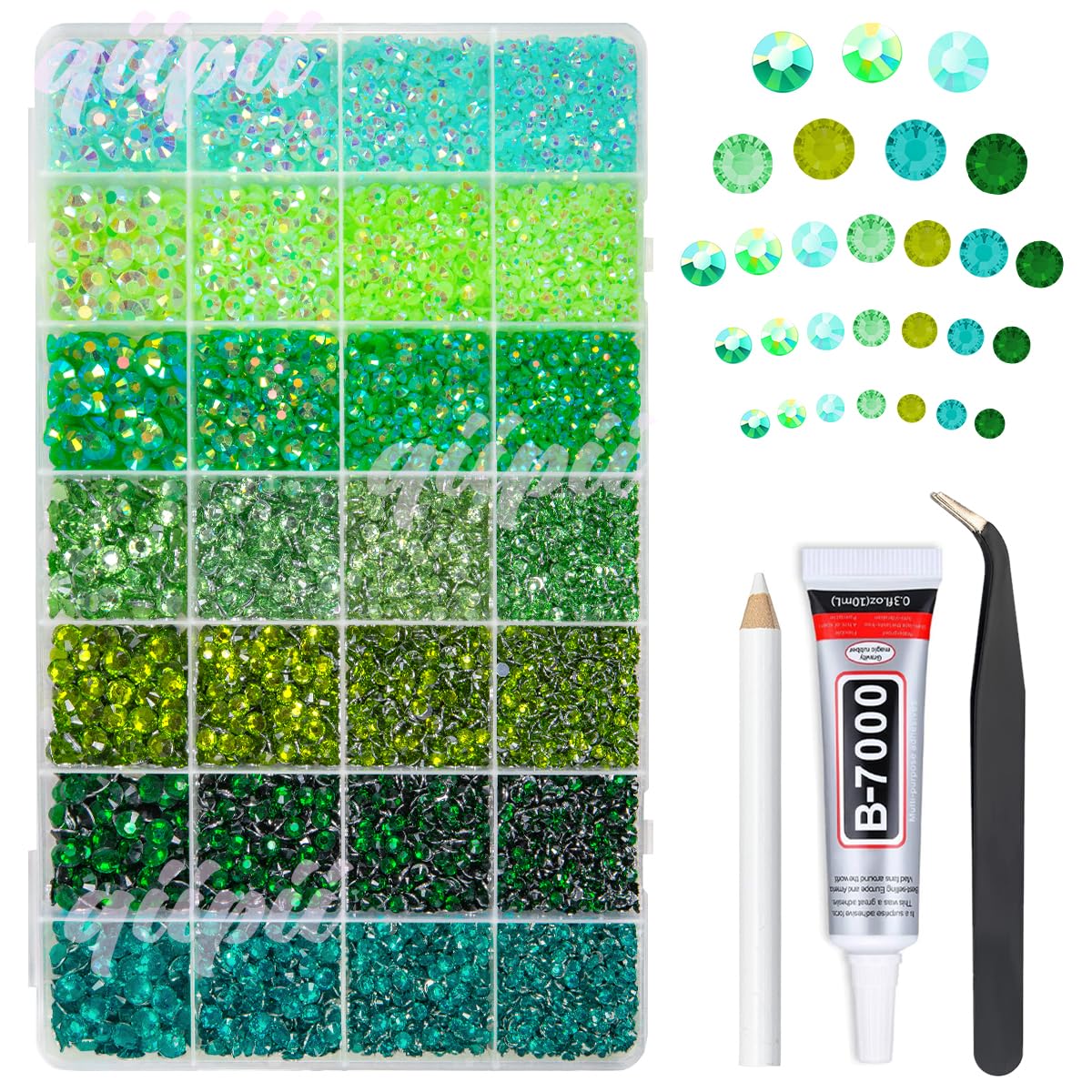 qiipii front packaging showing organized green rhinestones and neat storage benefit