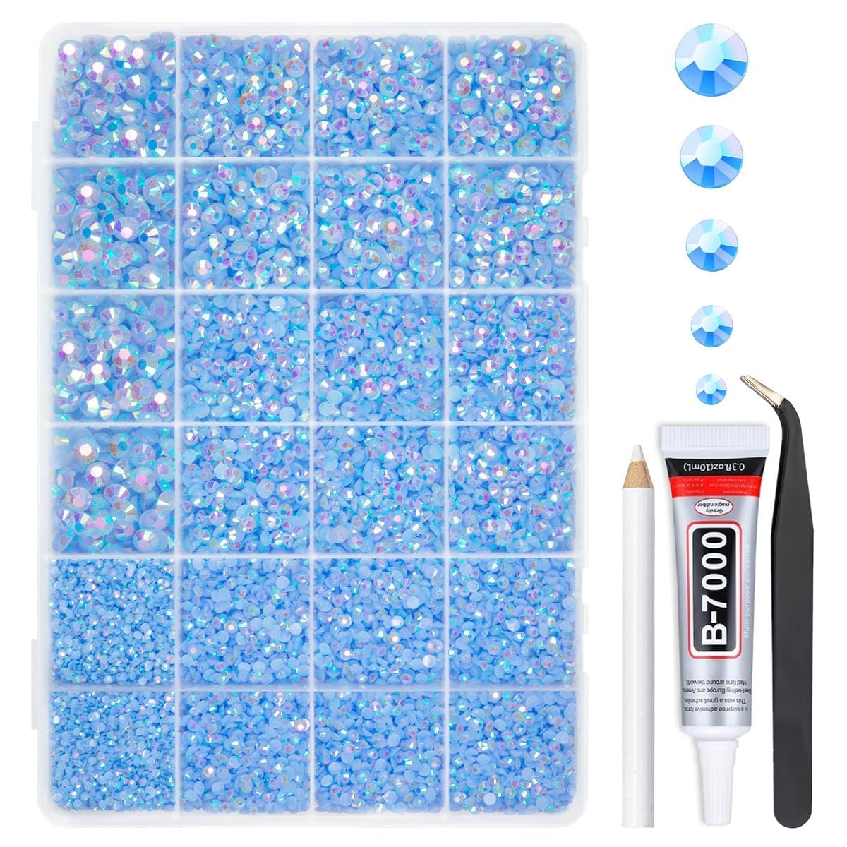 qiipii front packaging grid box showing organized rhinestone sizes and clear glue