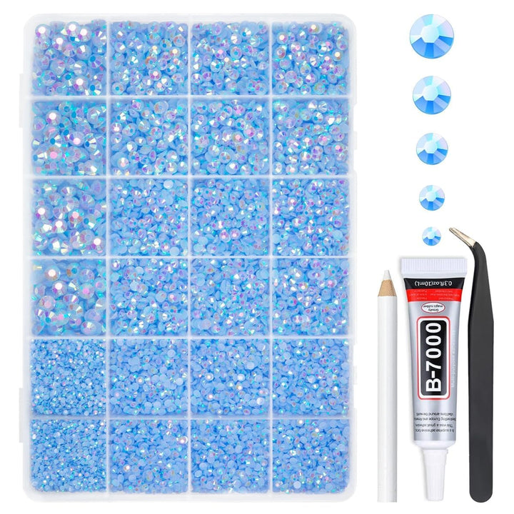 qiipii front packaging grid box showing organized rhinestone sizes and clear glue