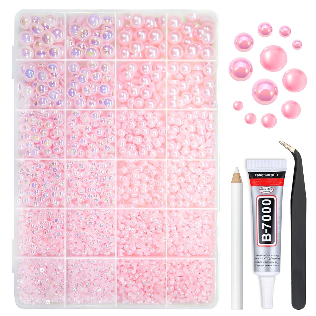 qiipii front packaging showing 24-grid pink pearls and glue for neat storage