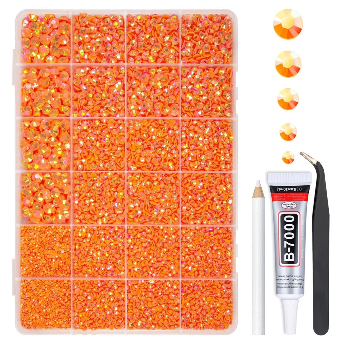 qiipii front packaging showing neon orange AB rhinestones and glue for easy identification