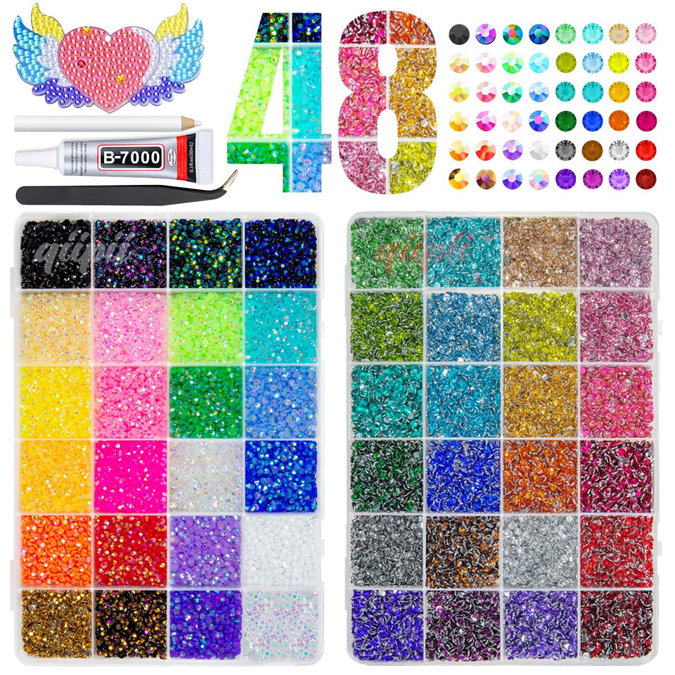 qiipii packed box showing 48 colorful rhinestones and tidy storage, perfect for crafting