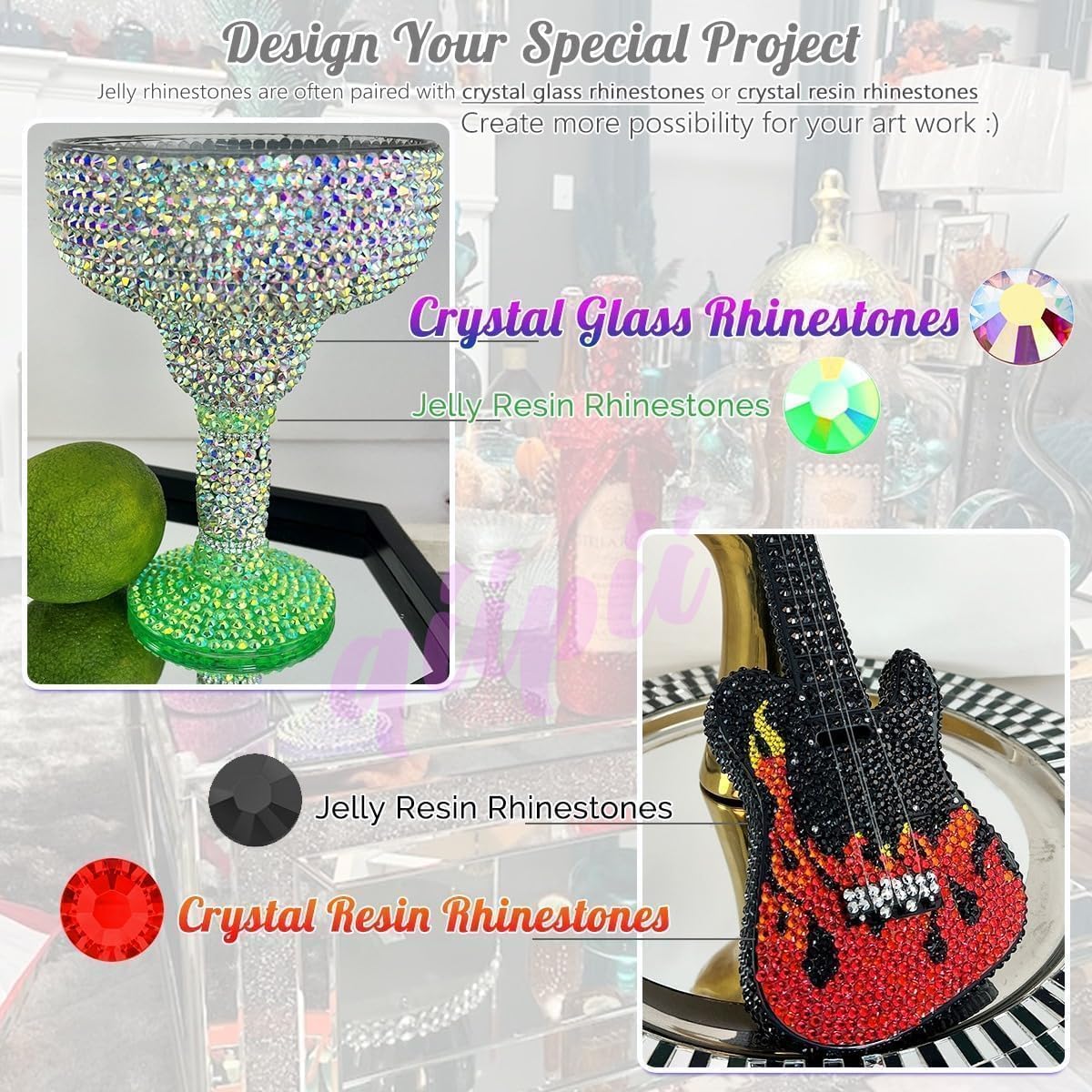 qiipii lifestyle desk scene with gems, tools and a finished craft project for inspiration