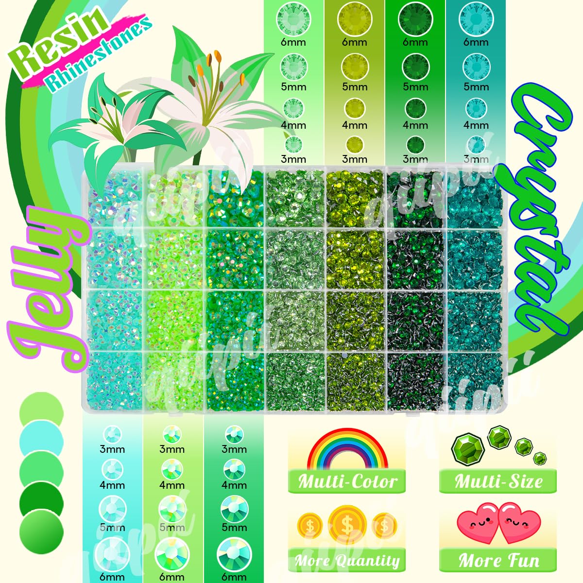 qiipii open 28-grid box displaying separated green shades for quick selection benefit
