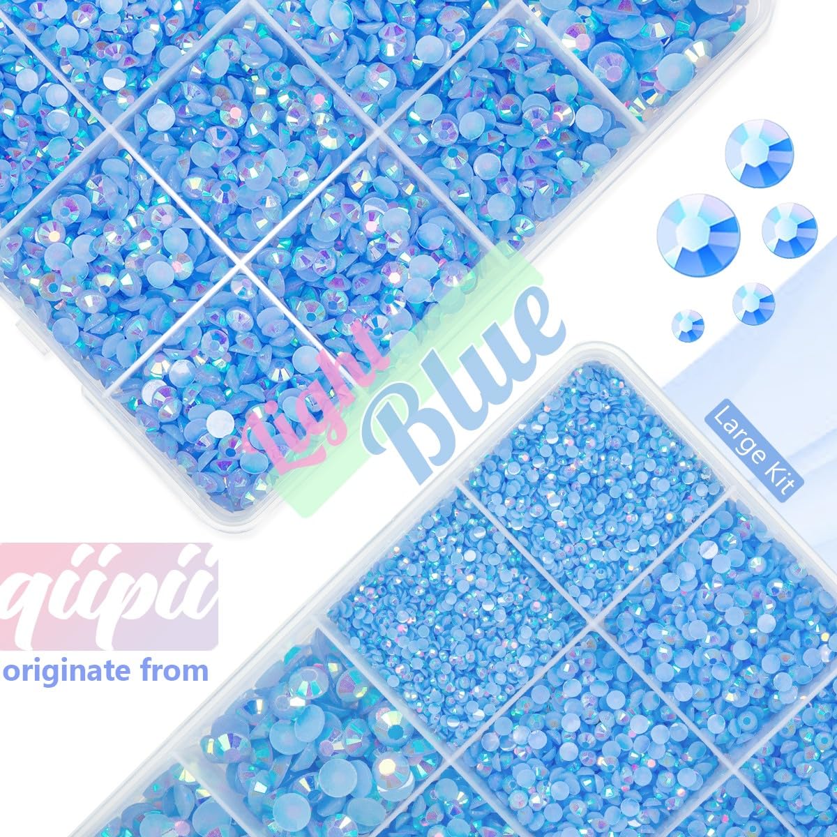qiipii rhinestones size comparison from 2mm to 6mm showing scale and variety
