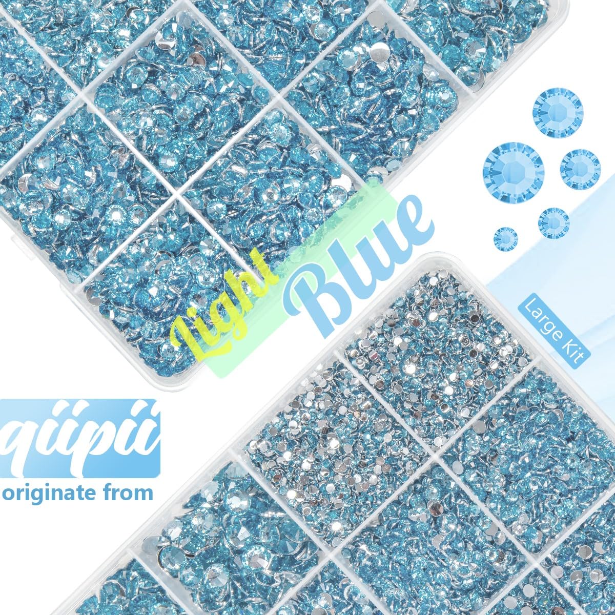 qiipii faceted sky blue resin stone detail, bright reflective sparkle
