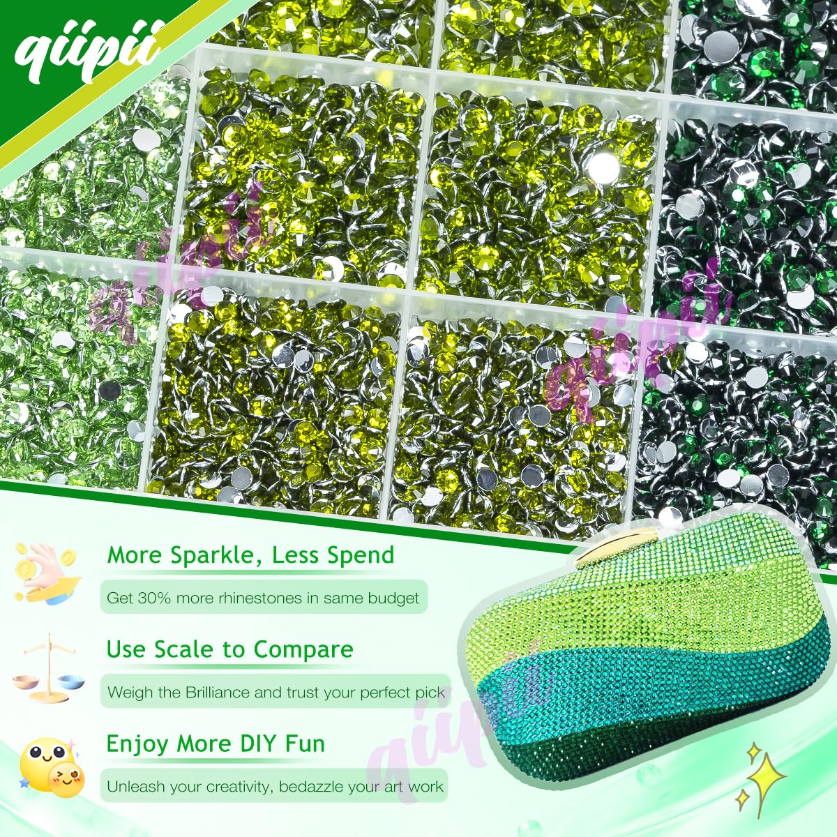 qiipii three green shades side-by-side to highlight color variety and layering options