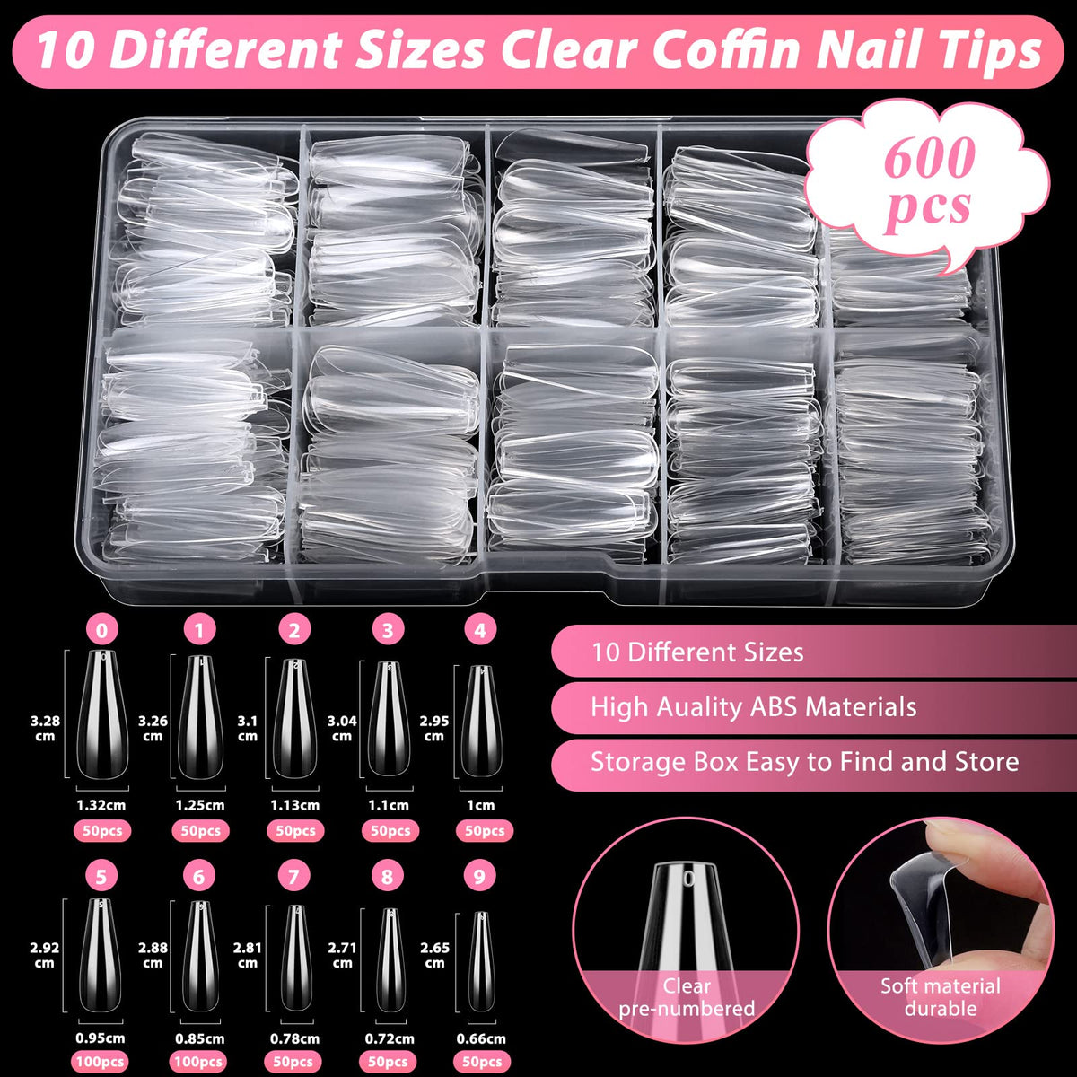 Qinzave close-up of clear coffin tip curvature and numbering for precise fit