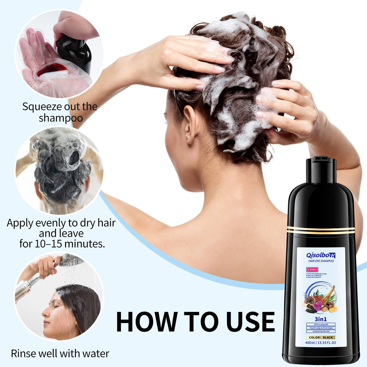 QISOLBOW herbal ingredient display highlighting gentle, ammonia-free formula