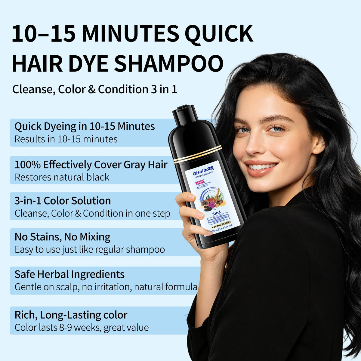 QISOLBOW rinsed hair showing even natural black color and smoother strands