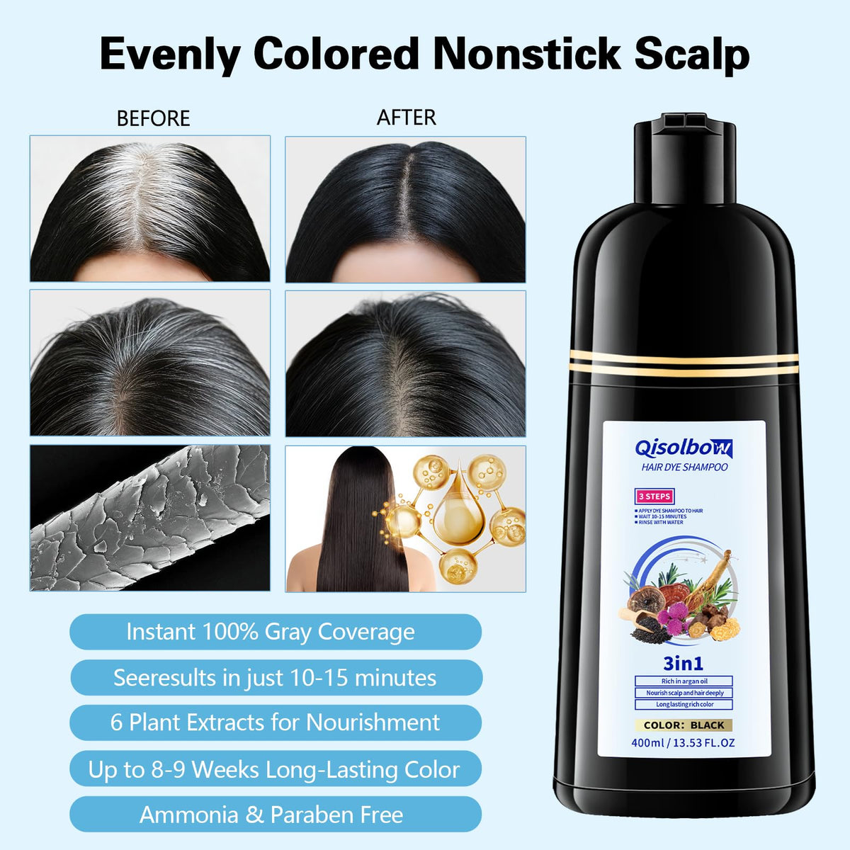 QISOLBOW bottle with 10–15 minute timer visual emphasizing fast application