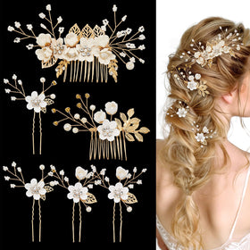 QIUTIMIY front view of gold flower side combs showing elegant bridal finish