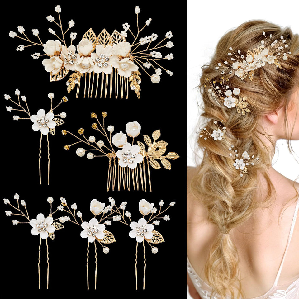 QIUTIMIY front view of gold flower side combs showing elegant bridal finish