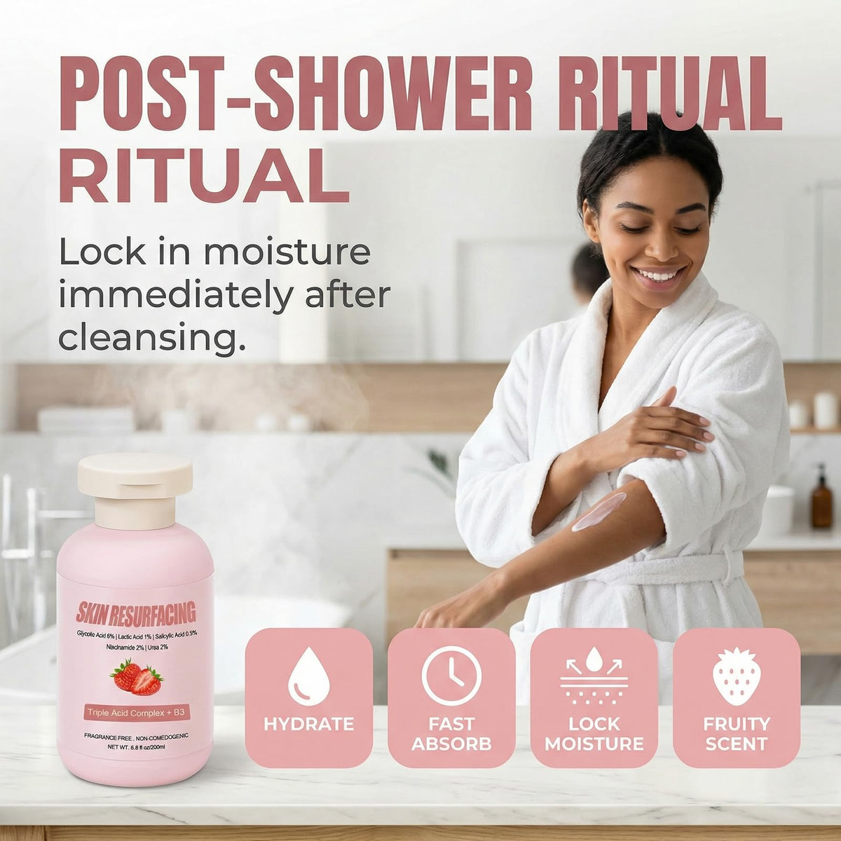Qiuumey in bathroom setting with strawberries evoking fragrance and spa-like routine