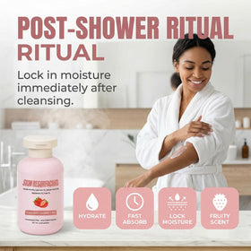 Qiuumey in bathroom setting with strawberries evoking fragrance and spa-like routine
