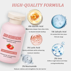 Qiuumey ingredient label highlighting triple-acid complex for targeted exfoliation benefits