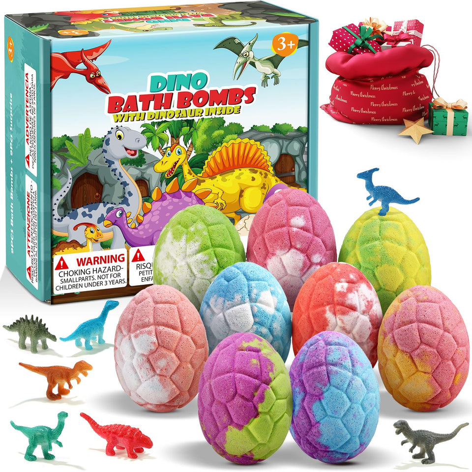 Qivatex front packaging showing colorful dinosaur bath bombs and joyful appeal