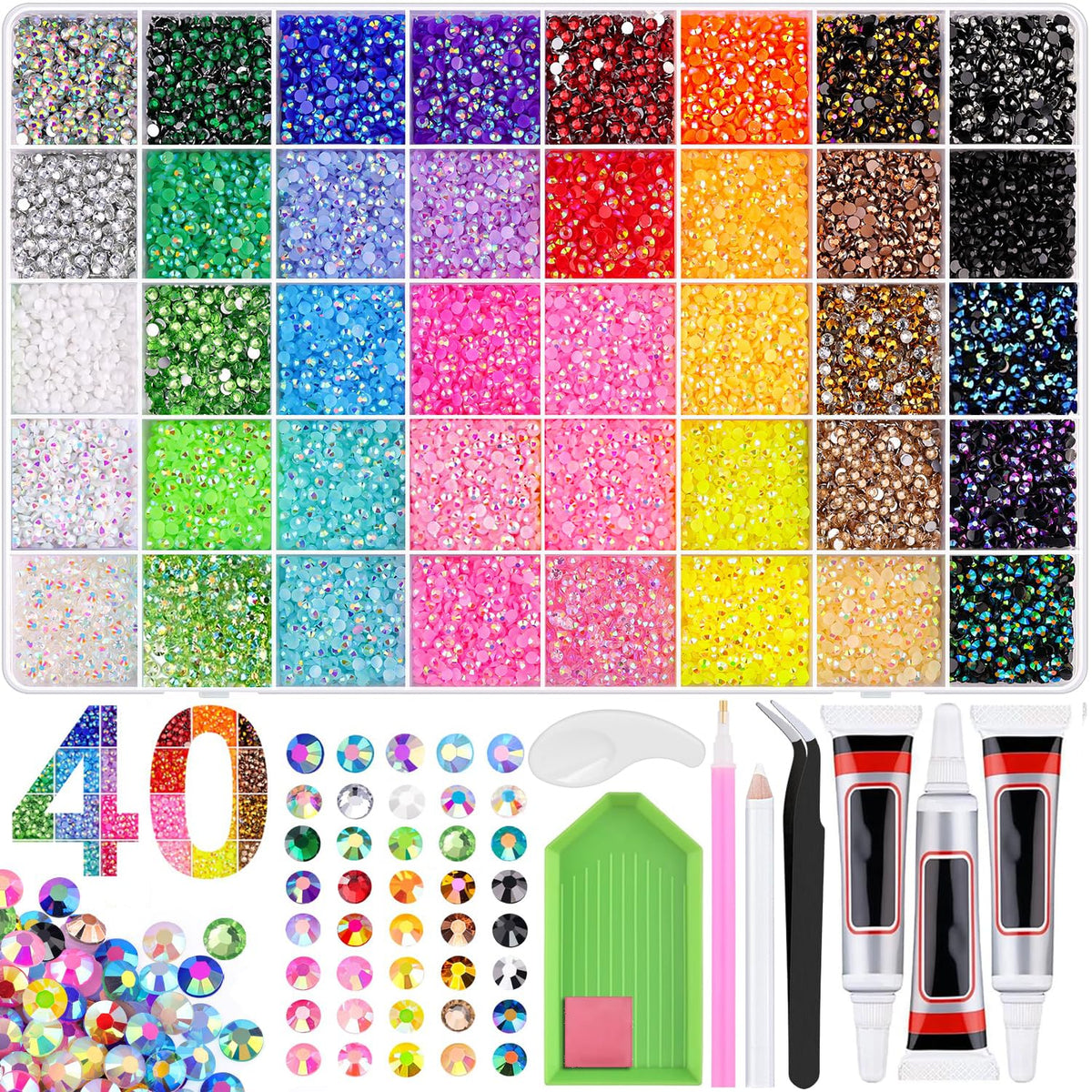 QIZUHIUN front packaging showing full 33,000-piece rhinestone kit and tools for convenience
