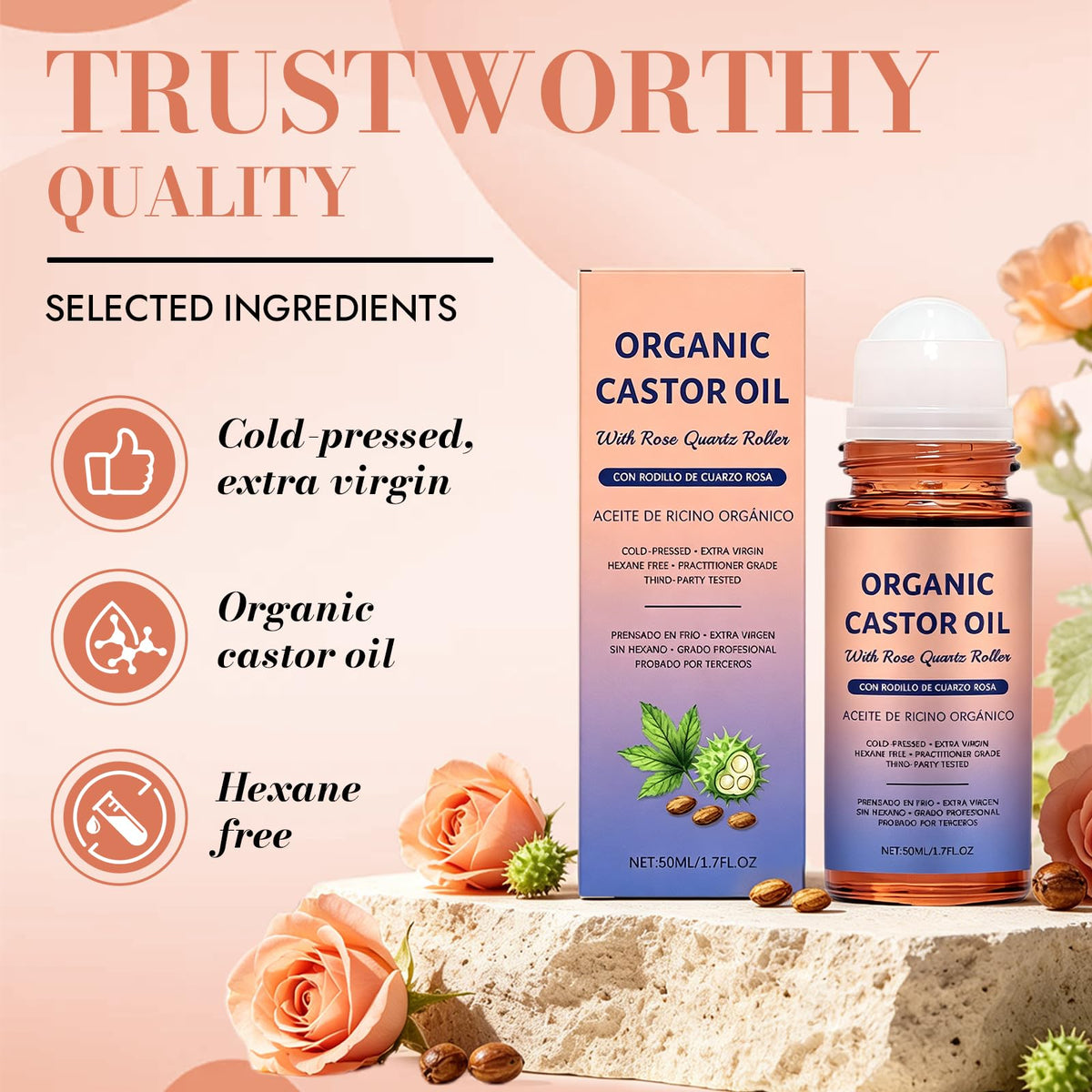 Qoenba castor oil drop on fingertip displaying rich texture and nourishment