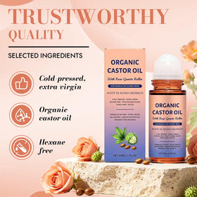 Qoenba castor oil drop on fingertip displaying rich texture and nourishment