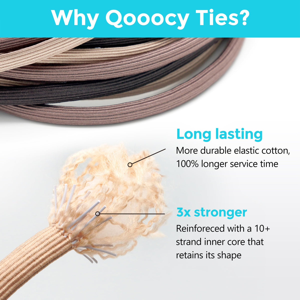Qooocy tag detail emphasizing metal-free design that protects hair from damage