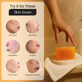 QOOQ soap on bathroom shelf for daily skincare routine convenience