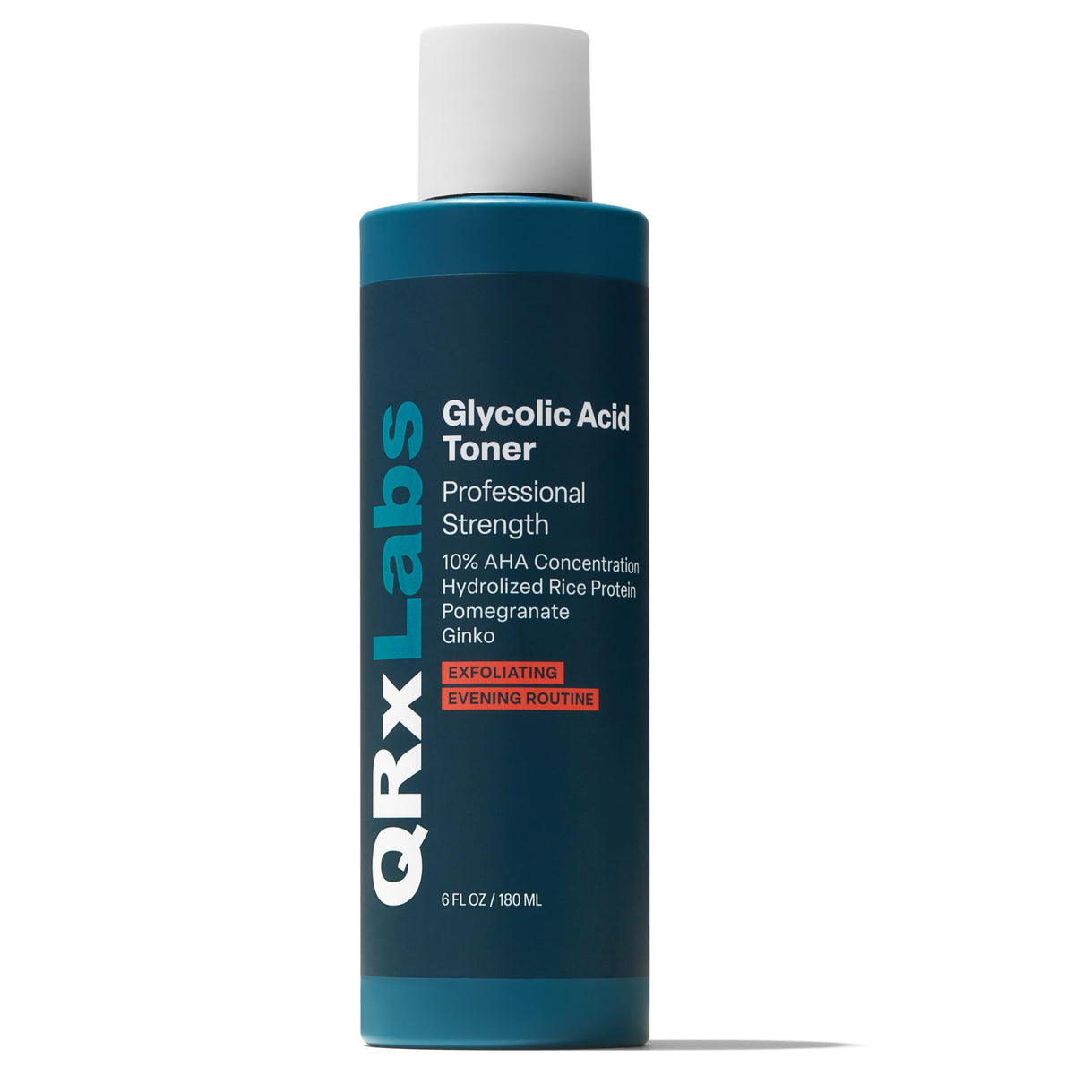 QRxLabs front label showing 10% glycolic toner for clearer skin