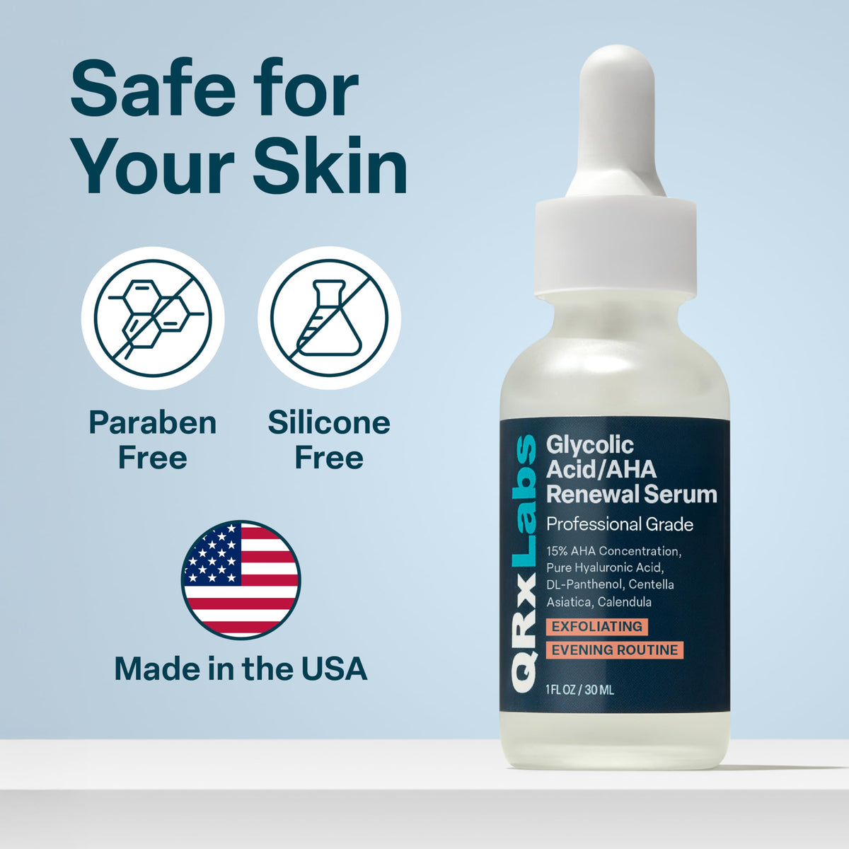 QRxLabs serum paired with hyaluronic acid and vitamin C for layered skincare benefit