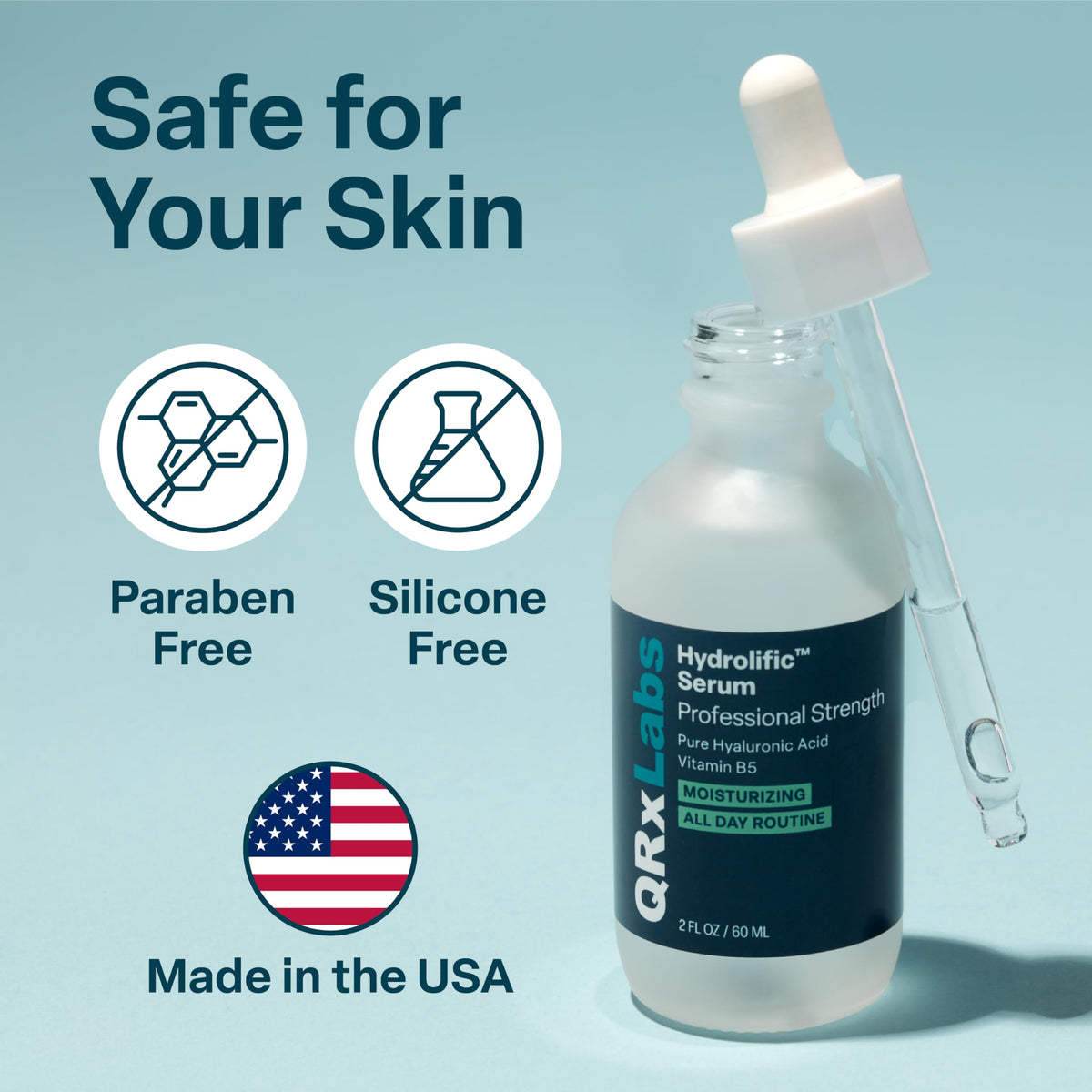 QRxLabs bottle in hand for accurate 2 fl oz size and travel convenience