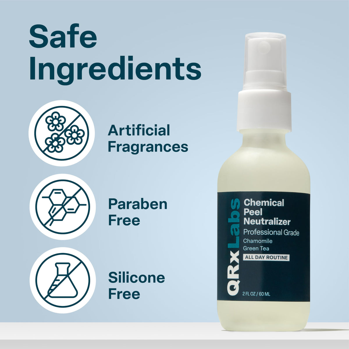 QRxLabs spray in use after a facial peel showing calming effect