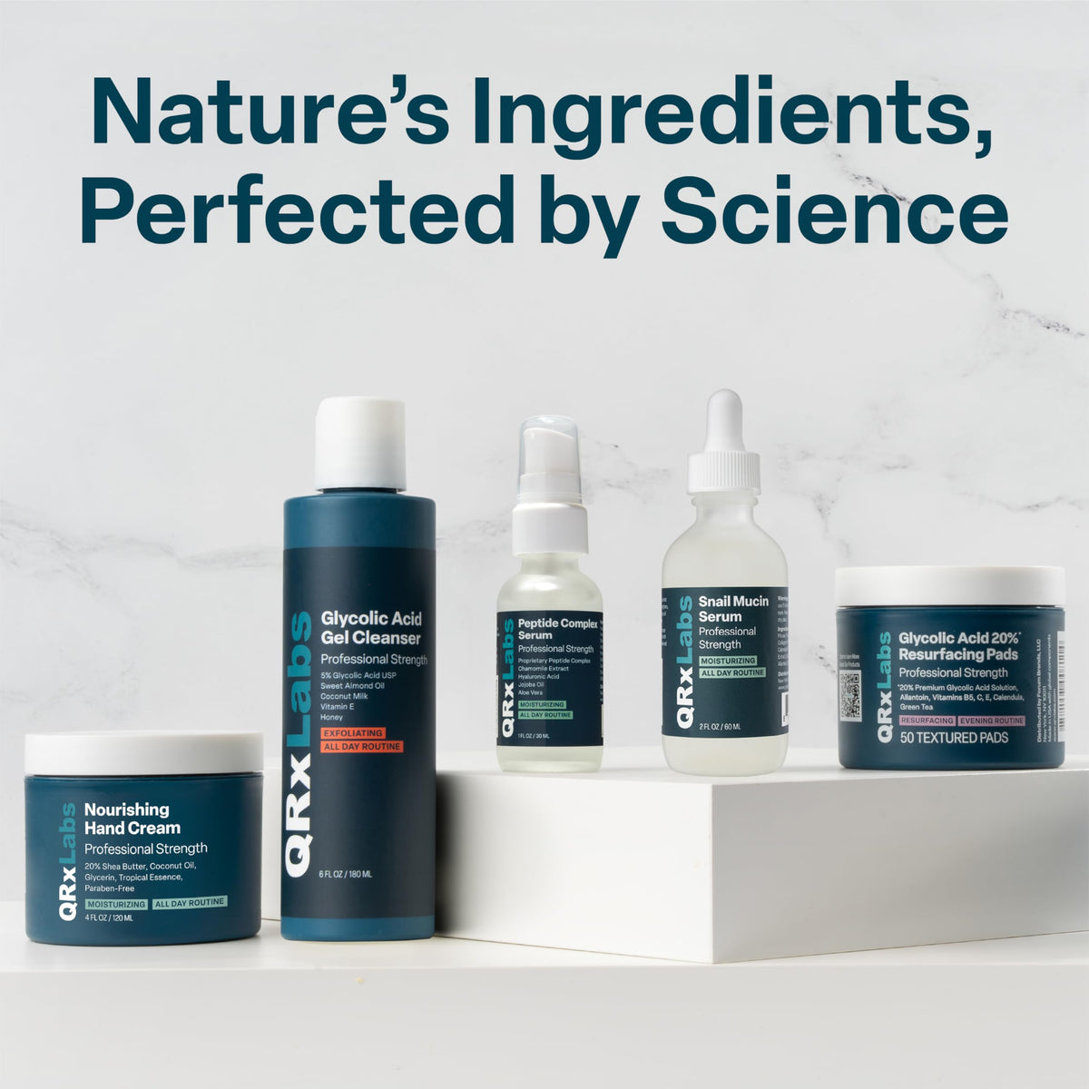 QRxLabs recycled box detail emphasizing eco-friendly, cruelty-free packaging