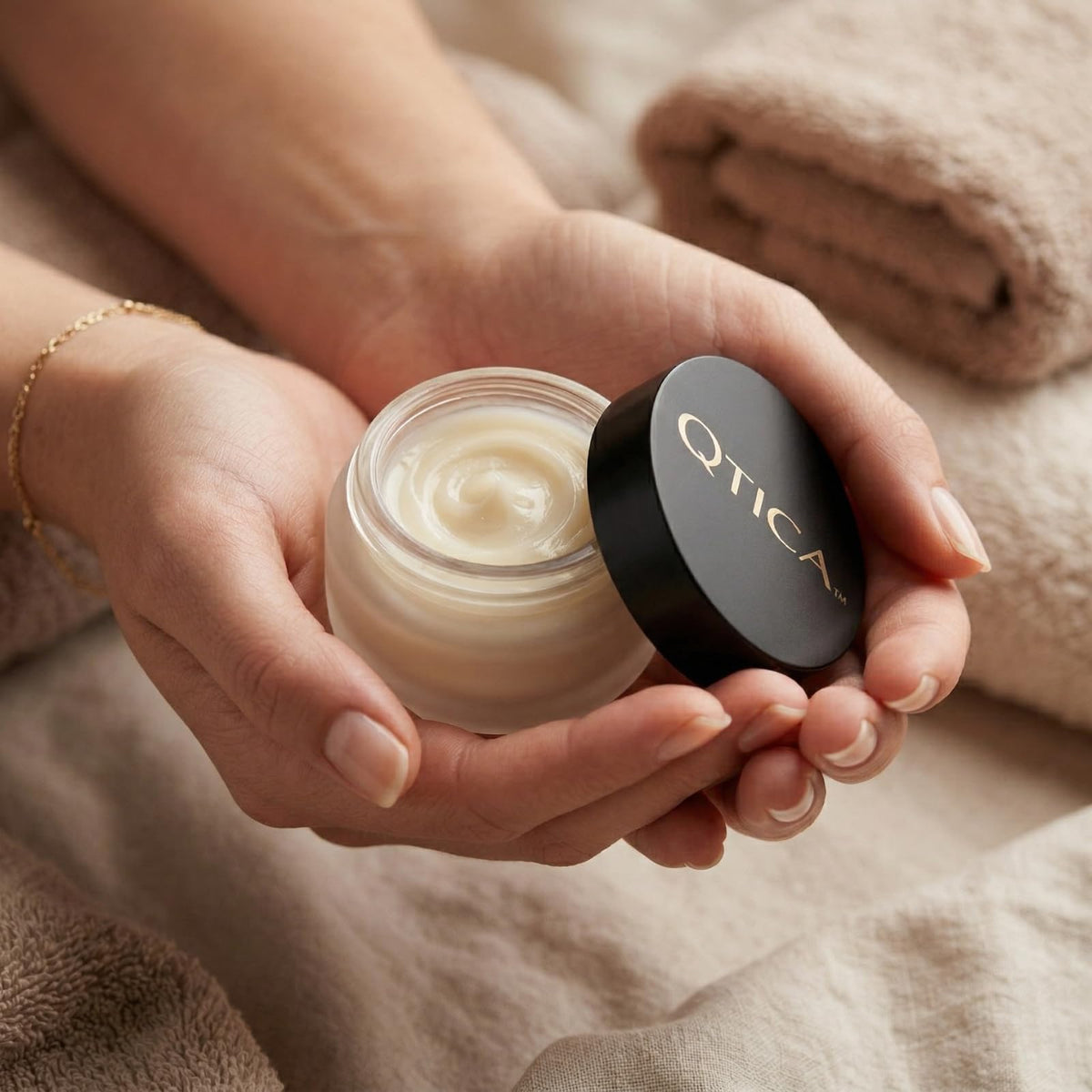QTICA jar on bathroom counter conveying daily routine and convenience