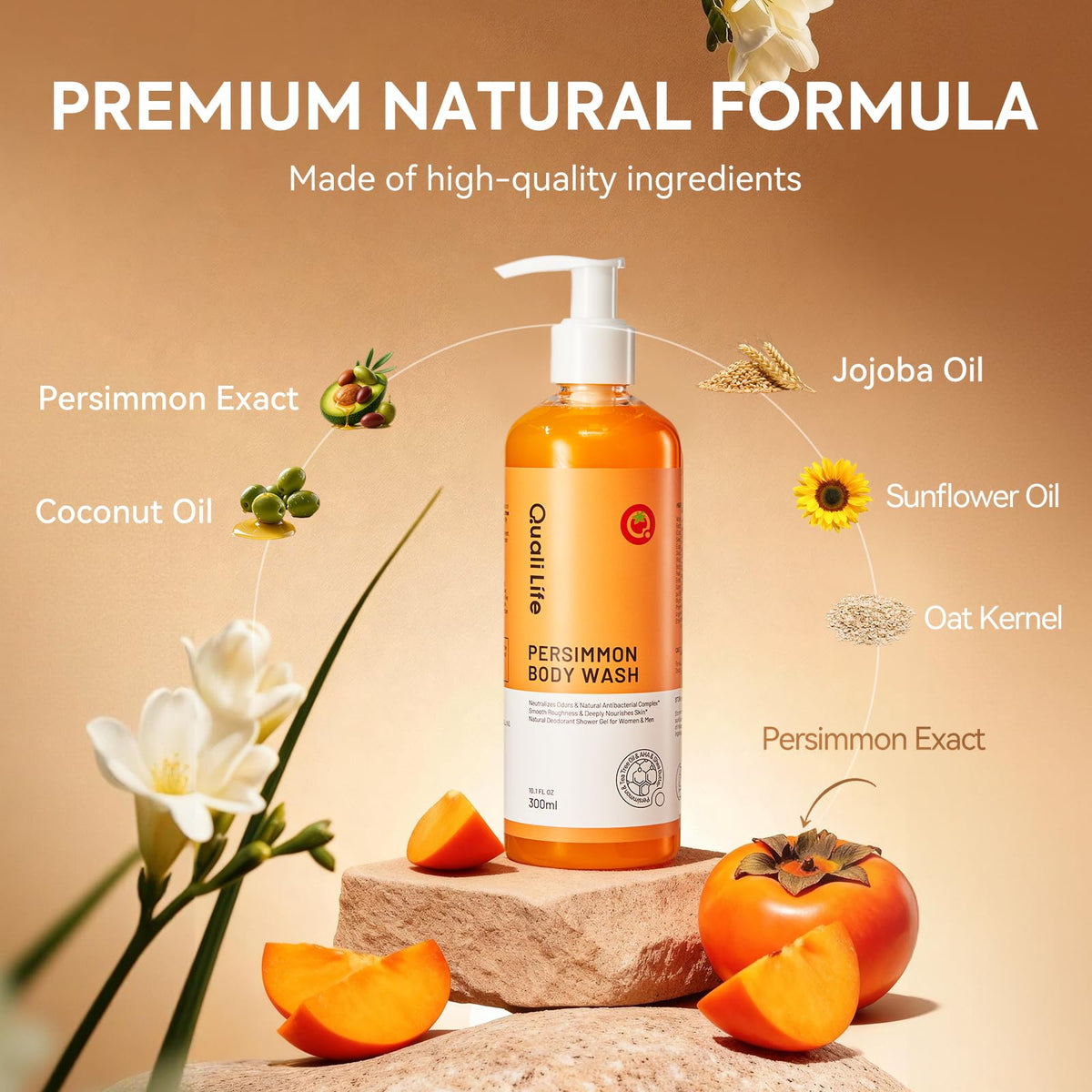 Close-up of persimmon and tea tree ingredients highlighting natural actives