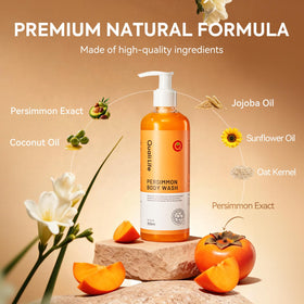 Close-up of persimmon and tea tree ingredients highlighting natural actives