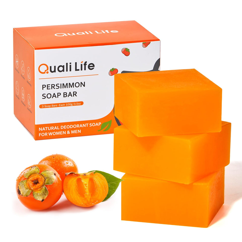 QualiLife front packaging showing three persimmon soap bars and benefits