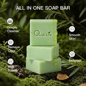 QualiLife soap bar close-up texture, reveals smooth lathering surface and purity