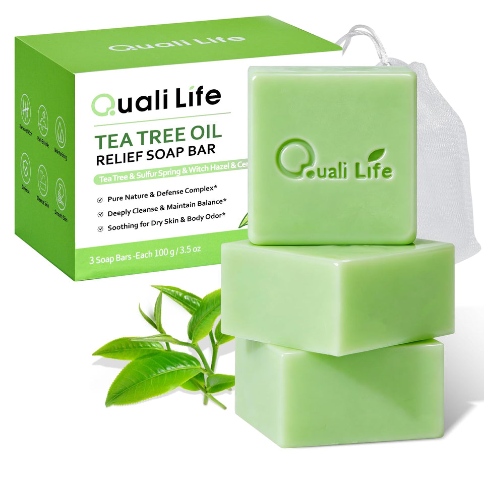 QualiLife front packaging showing three tea tree soap bars, clear supply benefit