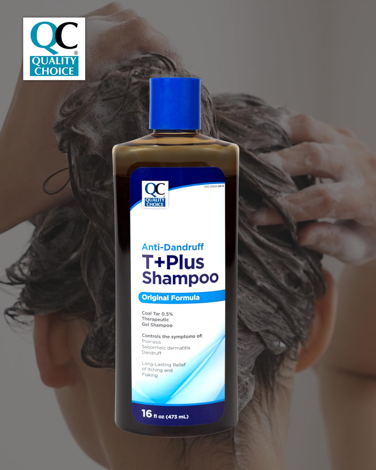 Quality Choice in-shower use with hand applying gel to scalp for targeted relief