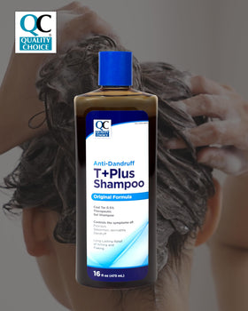 Quality Choice in-shower use with hand applying gel to scalp for targeted relief
