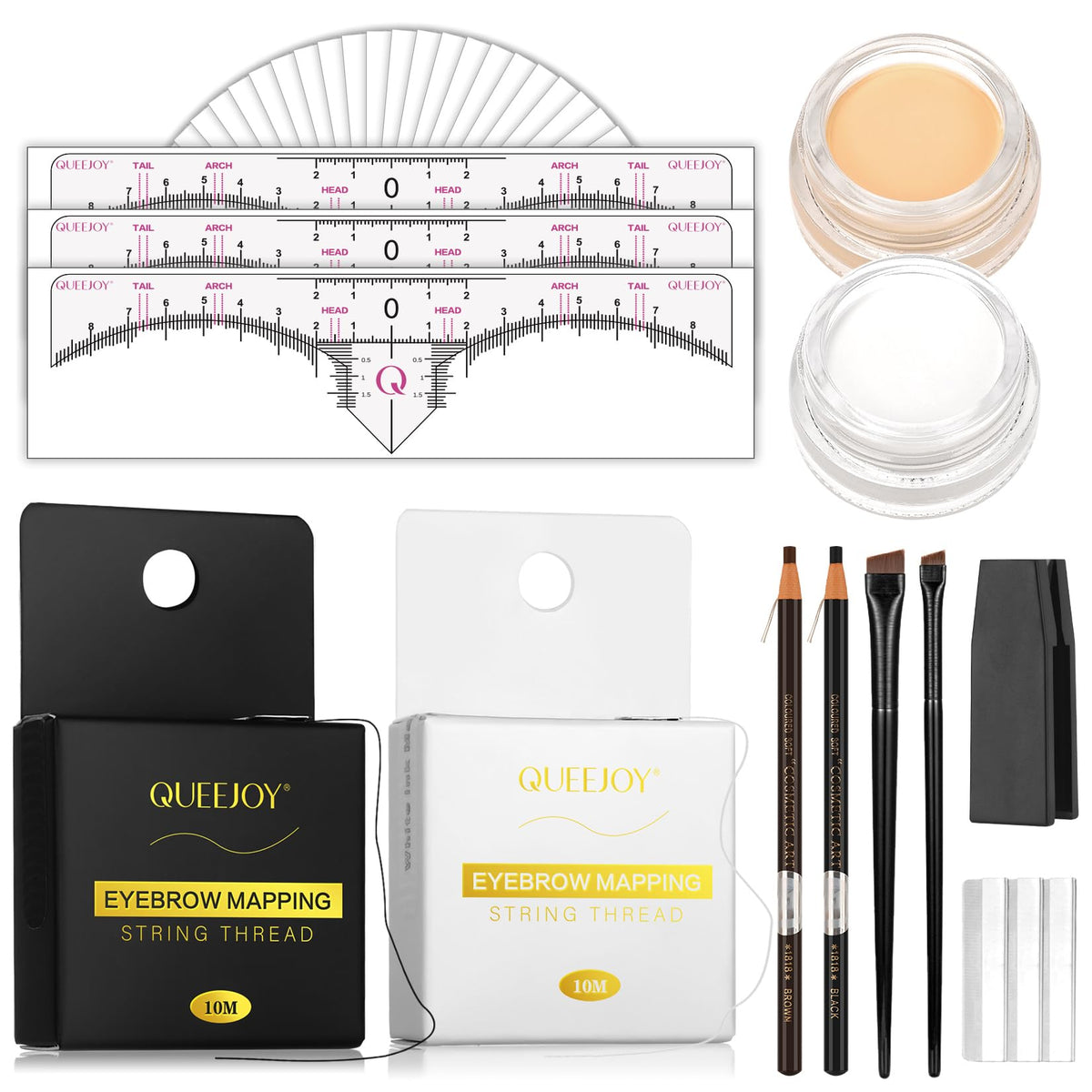 QUEEJOY kit overview showing all contents for precise brow mapping