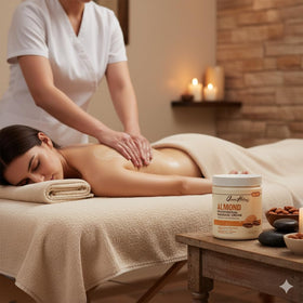 Queen Helene almond tub placed on spa linen creating a calming professional atmosphere