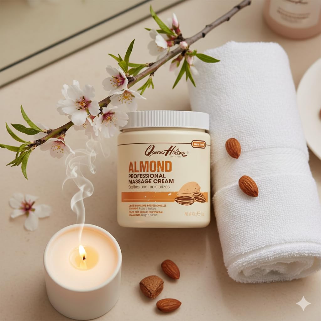 Queen Helene almond next to common objects illustrating 15 ounce scale and value