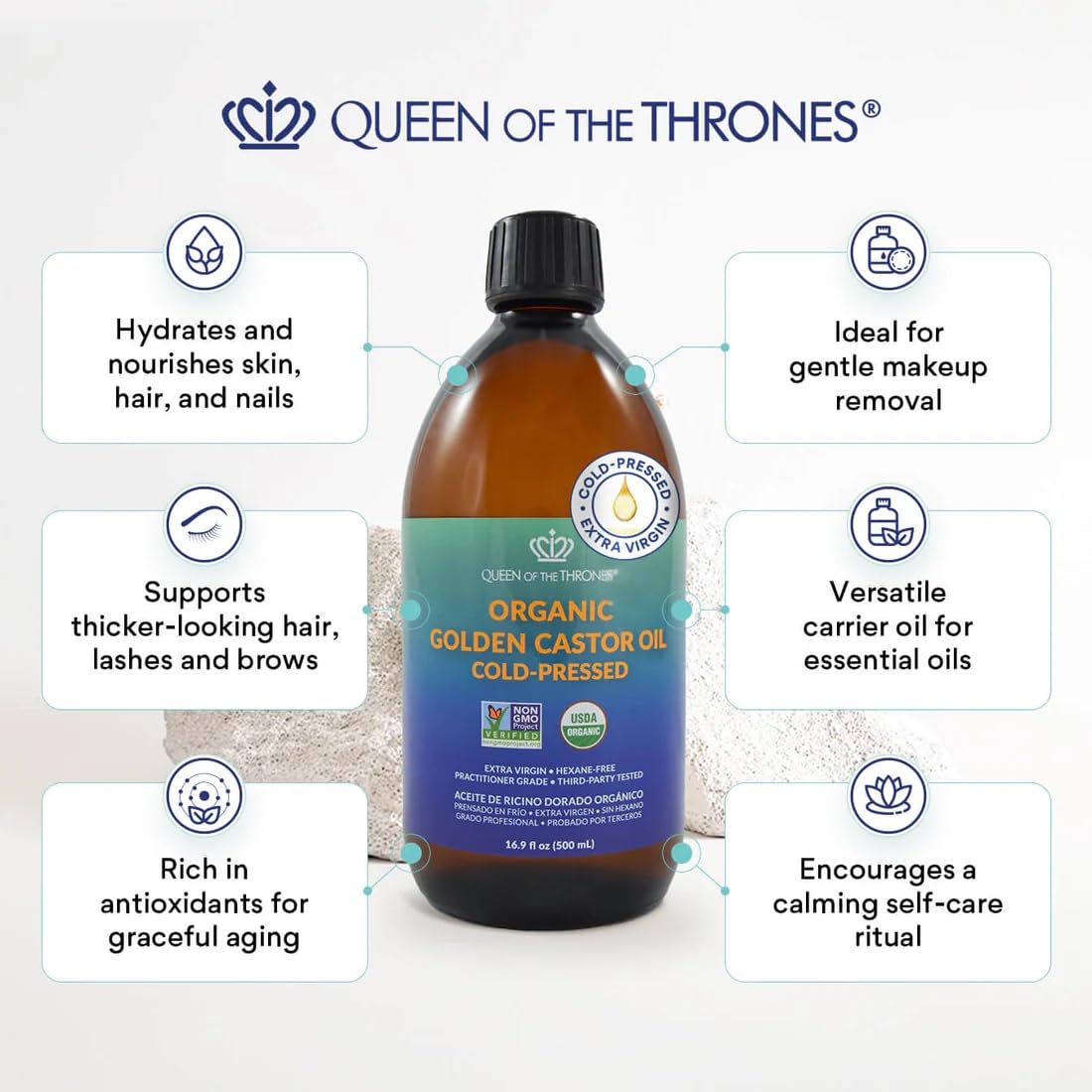 Queen of the Thrones amber glass detail protecting oil freshness and reducing light exposure