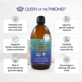 Queen of the Thrones amber glass detail protecting oil freshness and reducing light exposure