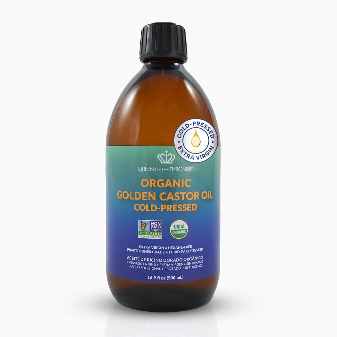 Queen of the Thrones front bottle view showing pure castor oil and clear labeling benefit: transparent quality
