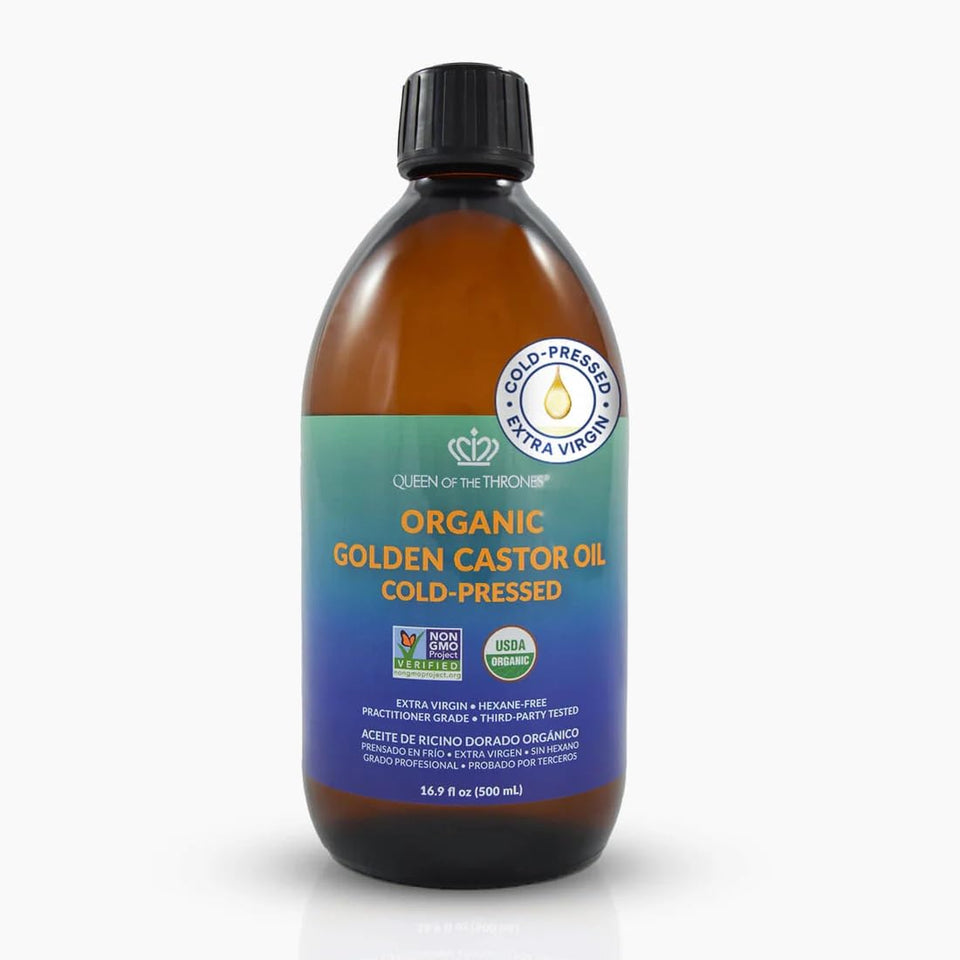 Queen of the Thrones front bottle view showing pure castor oil and clear labeling benefit: transparent quality