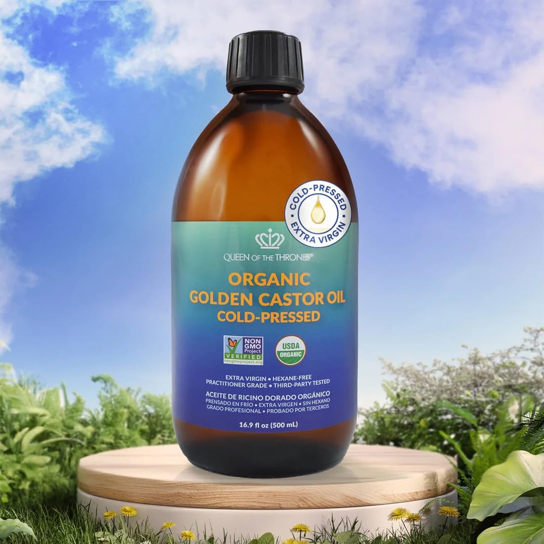 Queen of the Thrones castor oil pouring to show thick texture for targeted topical application benefit