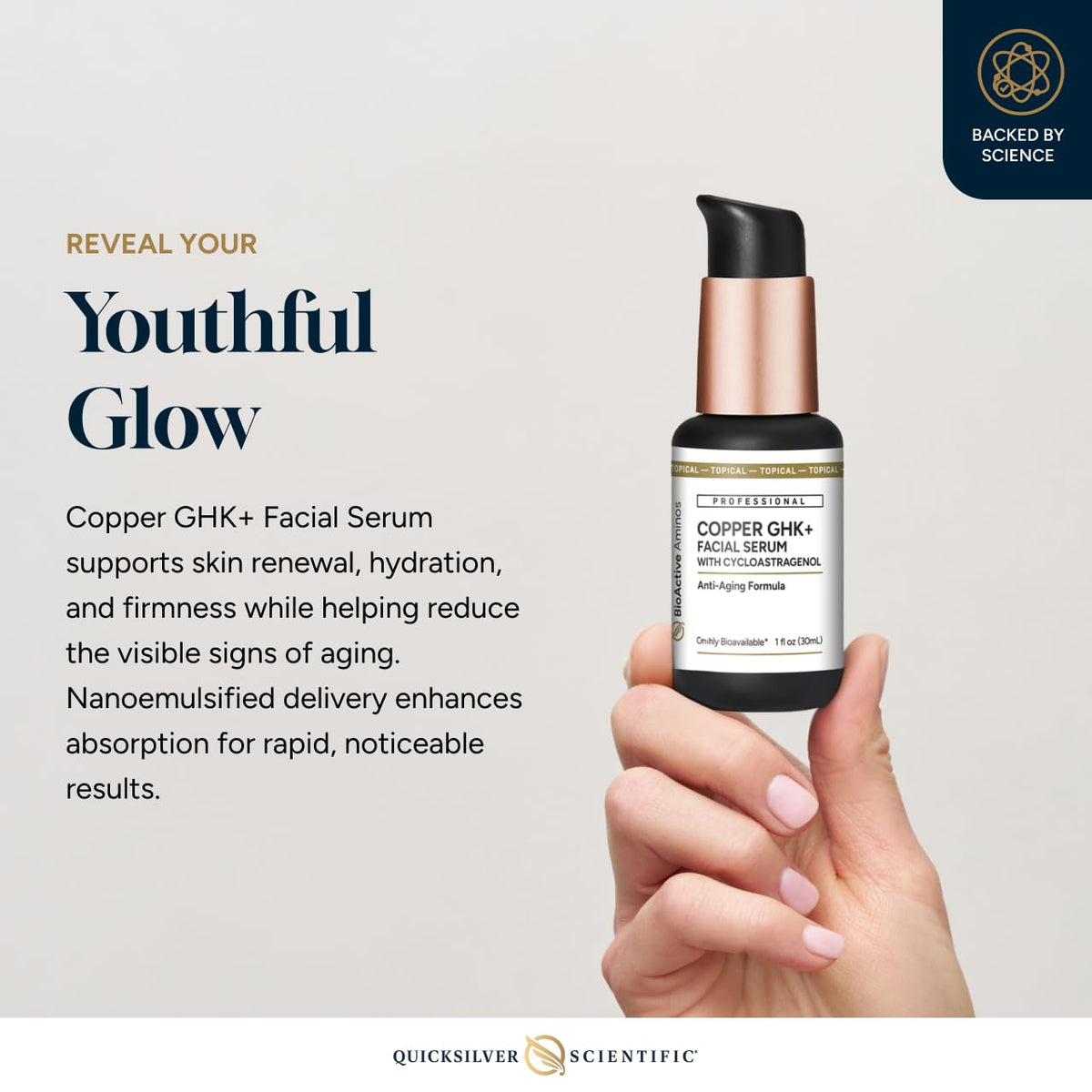 Quicksilver Scientific close-up of serum texture on skin showing smooth absorption